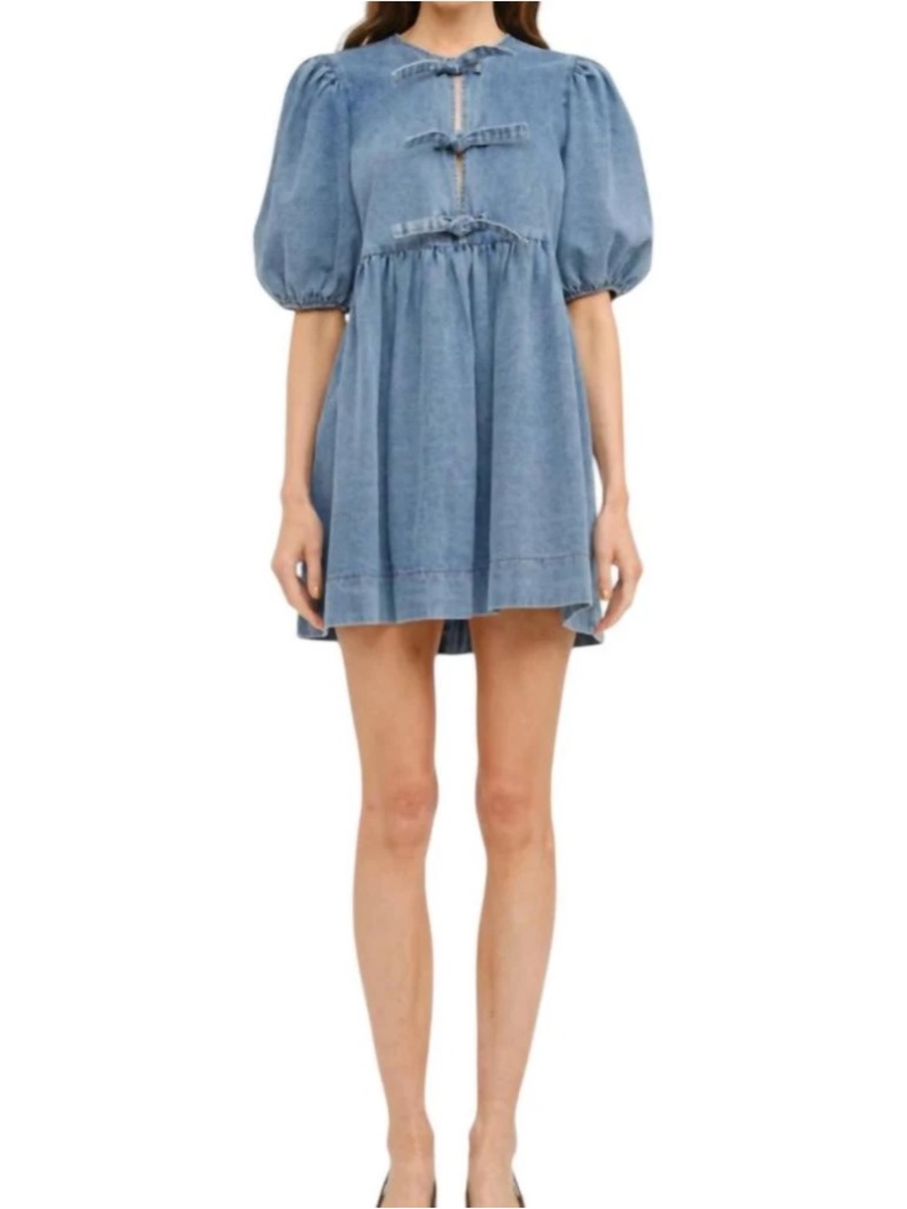 Light Blue Denim Puff-Sleeve Mini Dress